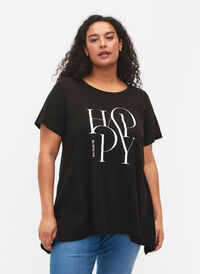 T-shirt in cotton with text print, Black HAPPY, Model