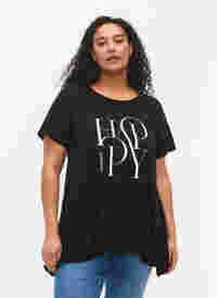 T-shirt in cotton with text print, Black HAPPY, Model