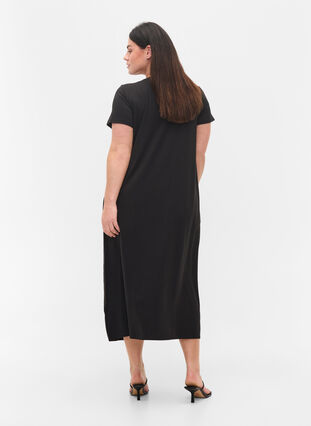 Striped short-sleeved midi dress, Black Solid, Model image number 0