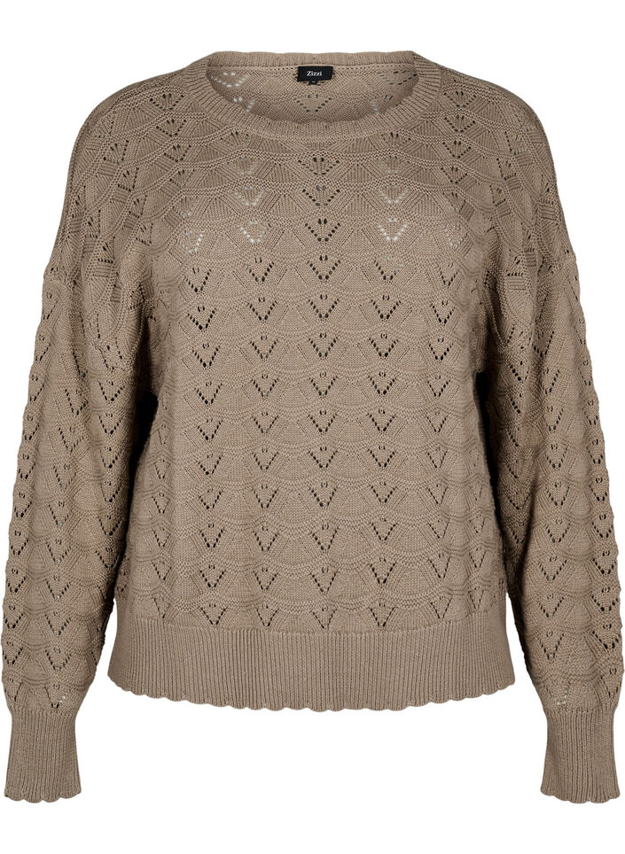 Long-sleeved knit blouse with an openwork pattern, Desert Taupe, Packshot image number 0