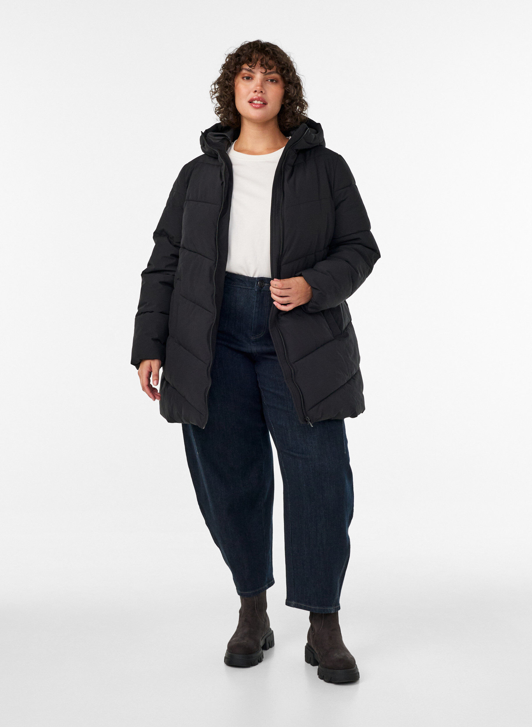 ZizzifashionMid-length puffer jacket with hood, Black, Model image number 1
