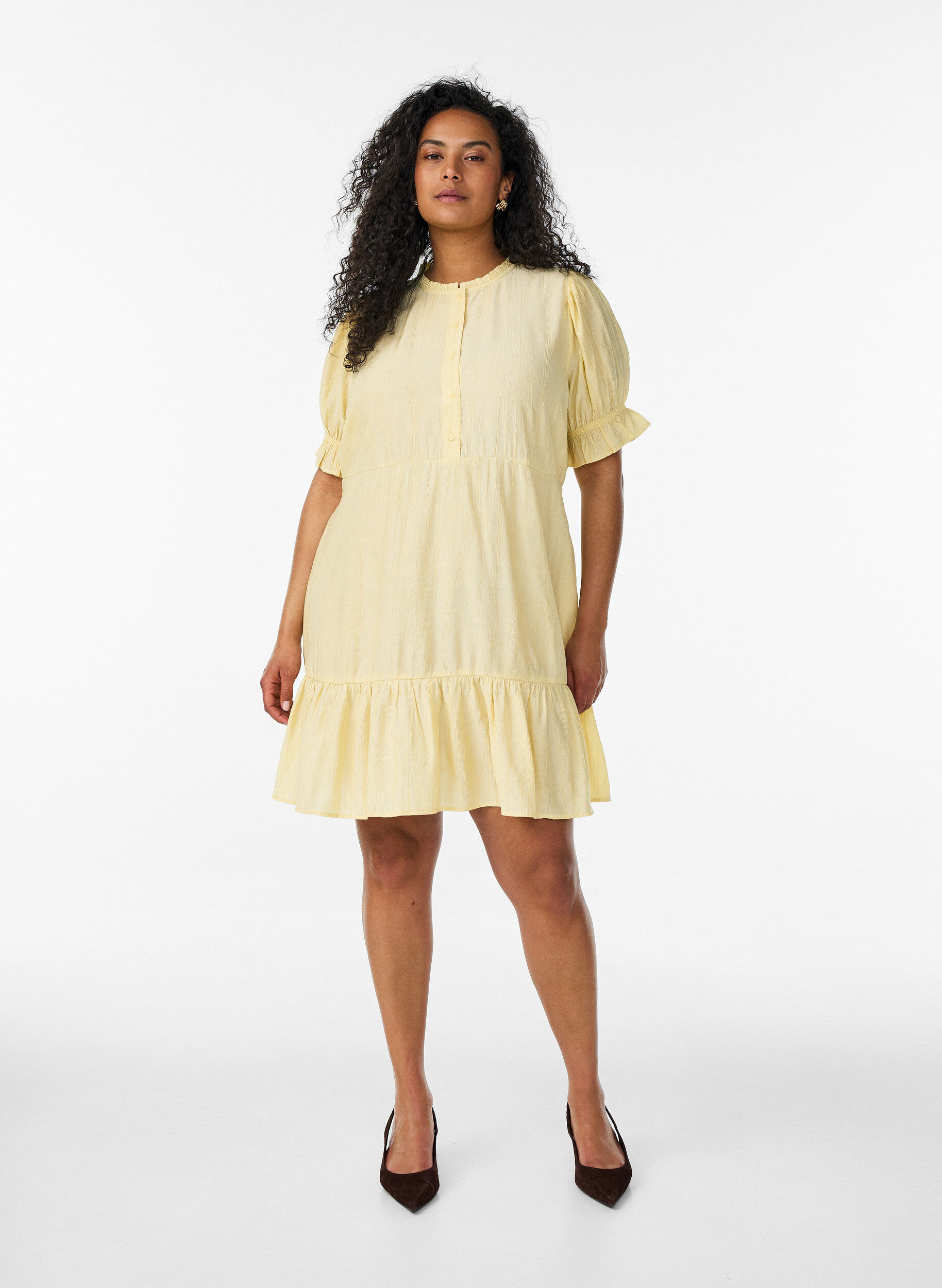 ZizzifashionShort viscose dress with ruffle details, Yellow, Model image number 1