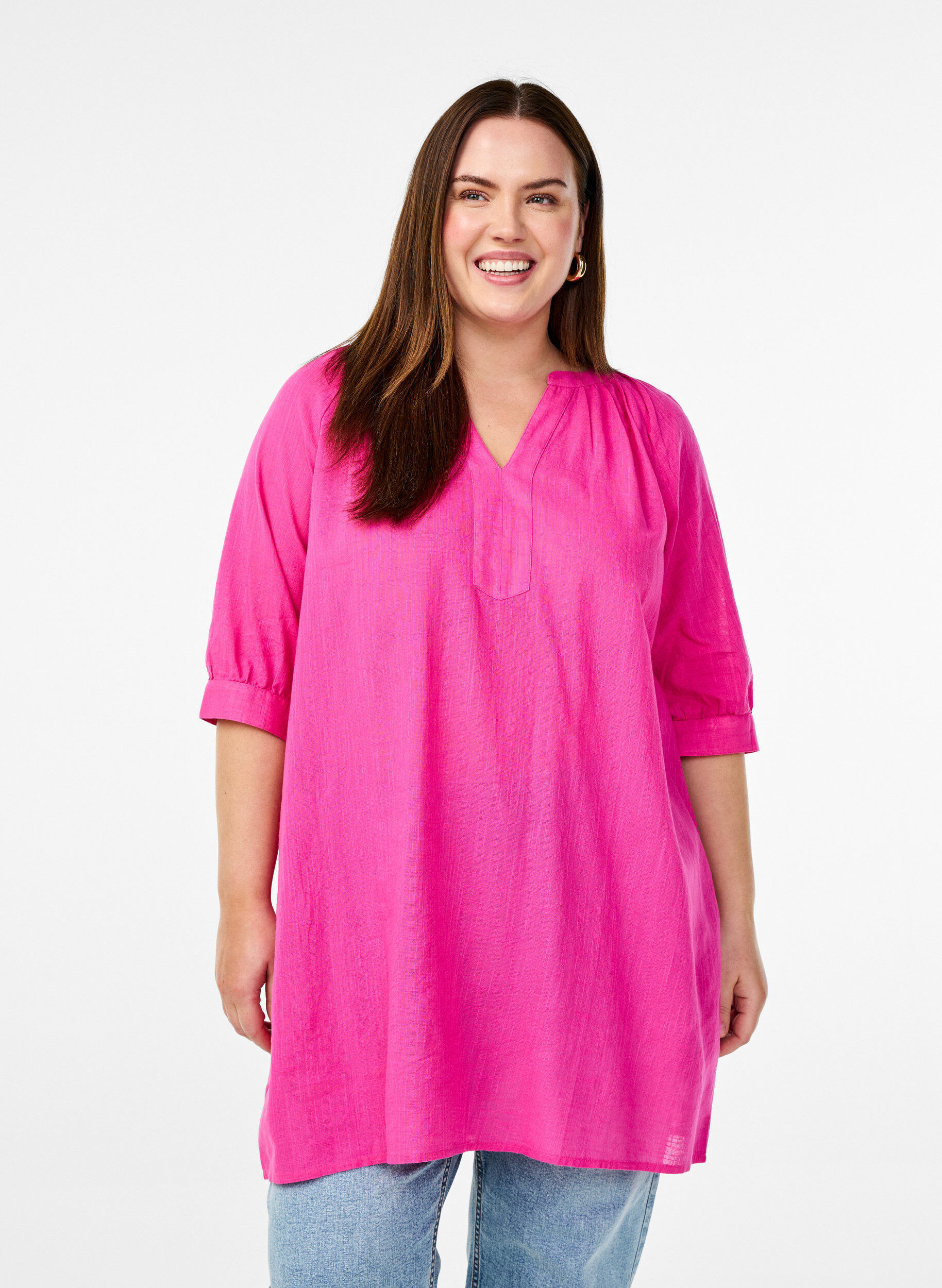 Zizzifashion Cotton tunic with a V-neck, Rose, Model image number 0