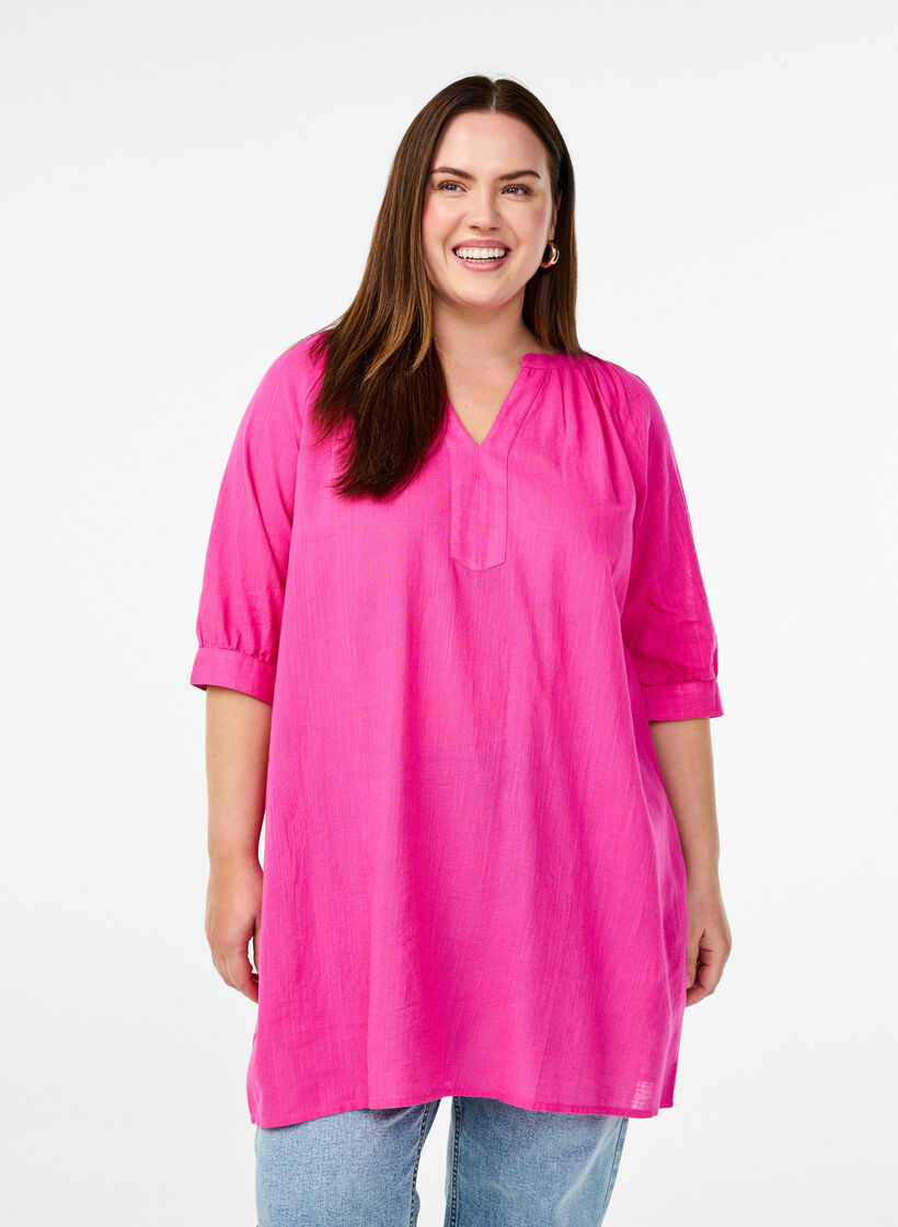 Cotton tunic with a V-neck, Rose, Model image number 0