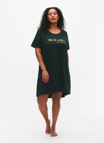 Short-sleeved nightgown in organic cotton, Scarab W. Coffee, Model image number 2