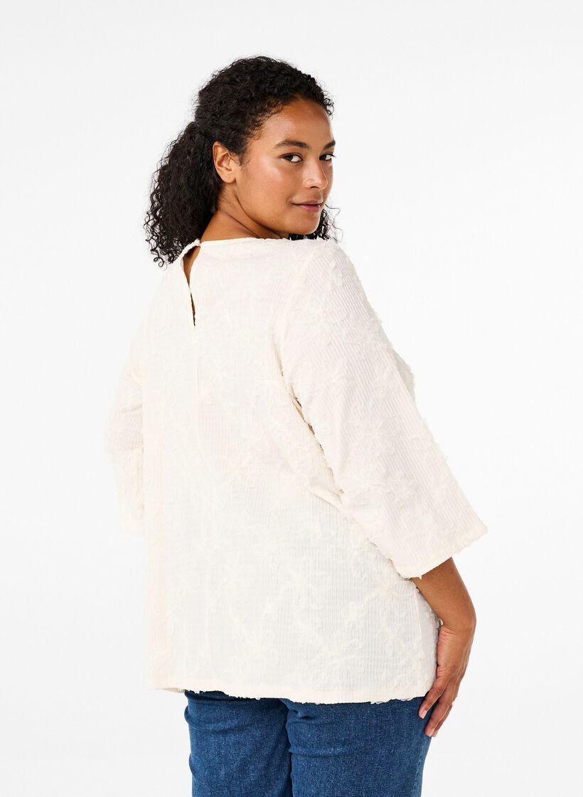 Blouse with 3/4 sleeves and 3D flowers, Warm Off-white, Model image number 1
