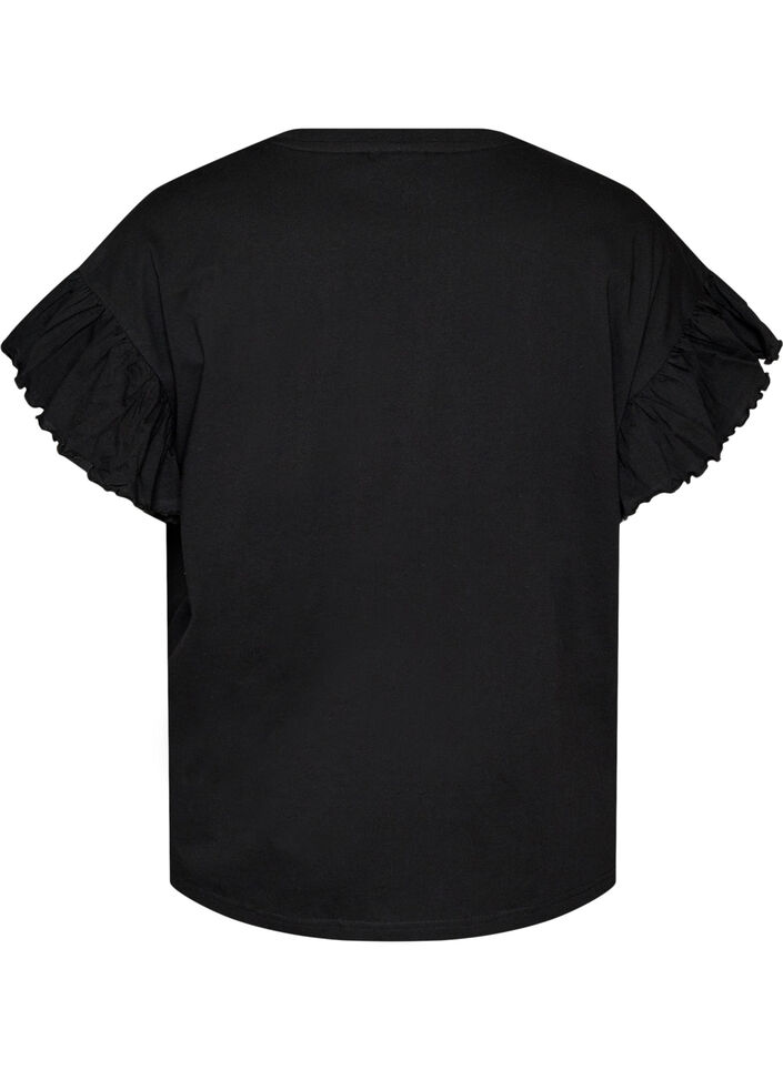 Organic cotton T-shirt with ruffle sleeves, Black, Packshot image number 1