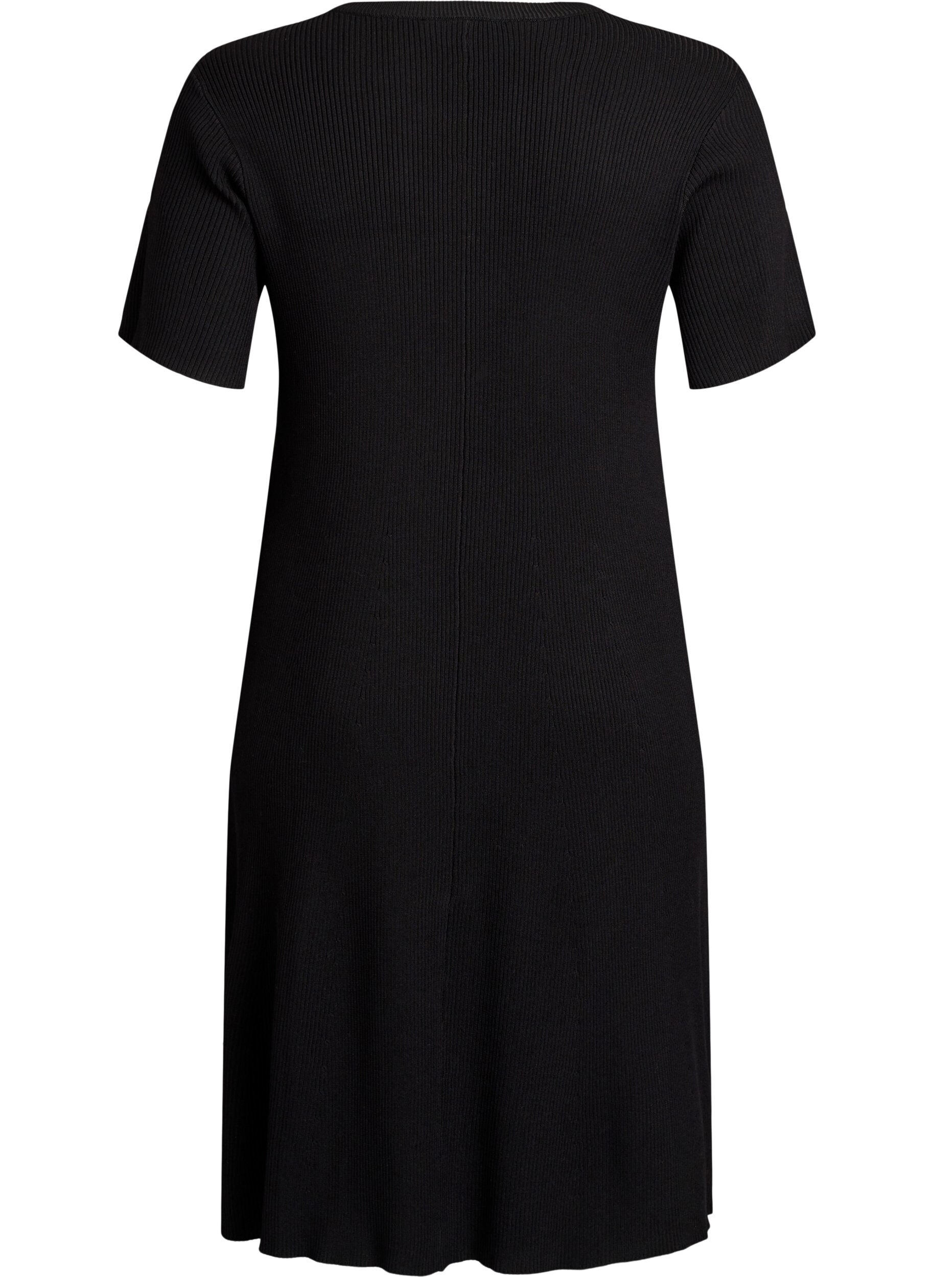 Zizzifashion Ribbed dress with decorative buttons and short sleeves, Black, Packshot image number 1