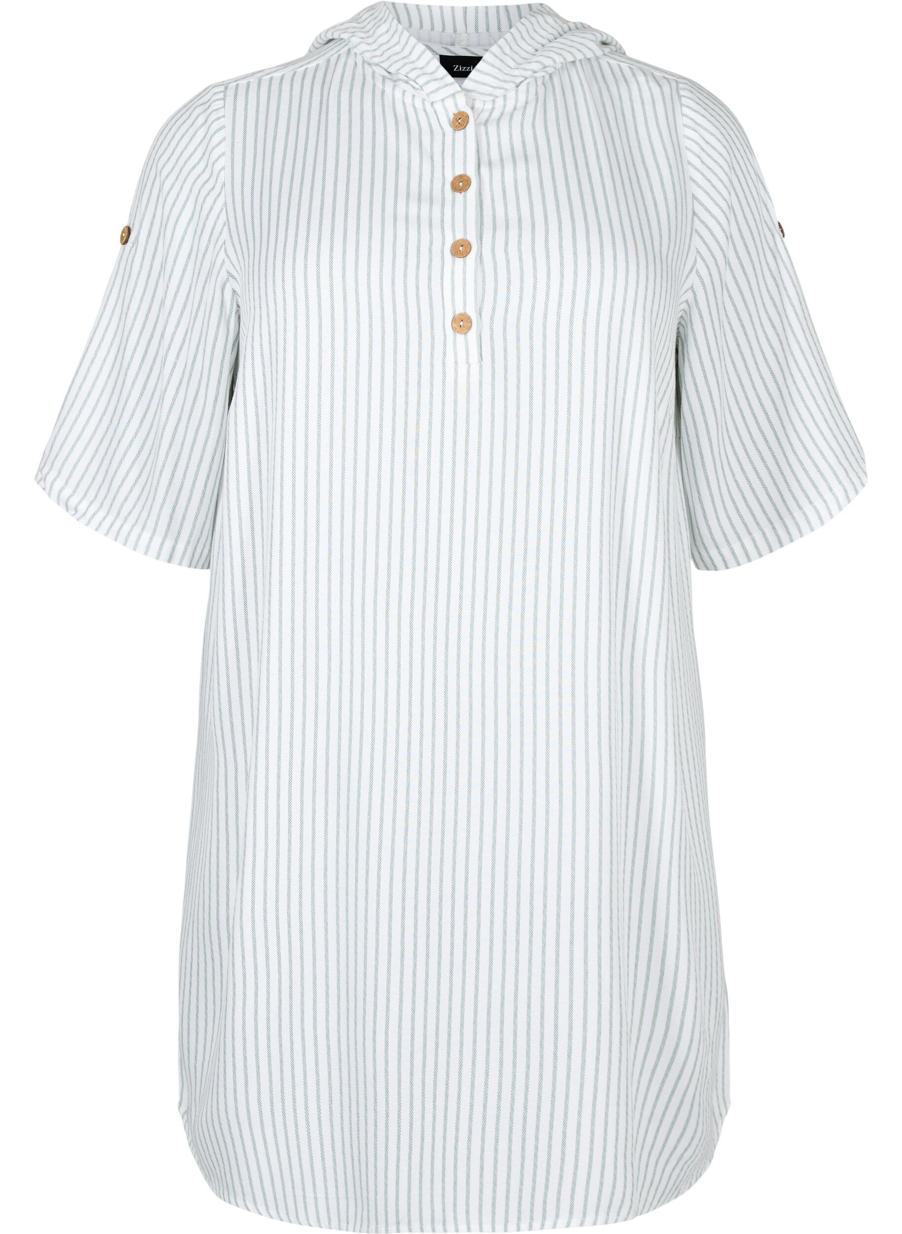 Zizzifashion Short-sleeved viscose tunic with hood, Chinois Green Stripe, Packshot image number 0