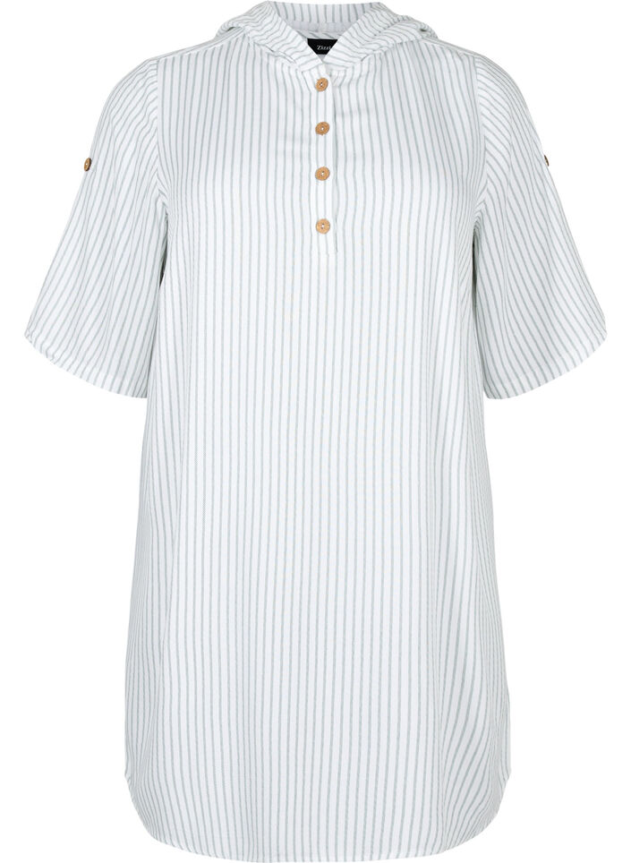 Short-sleeved viscose tunic with hood, Chinois Green Stripe, Packshot image number 0