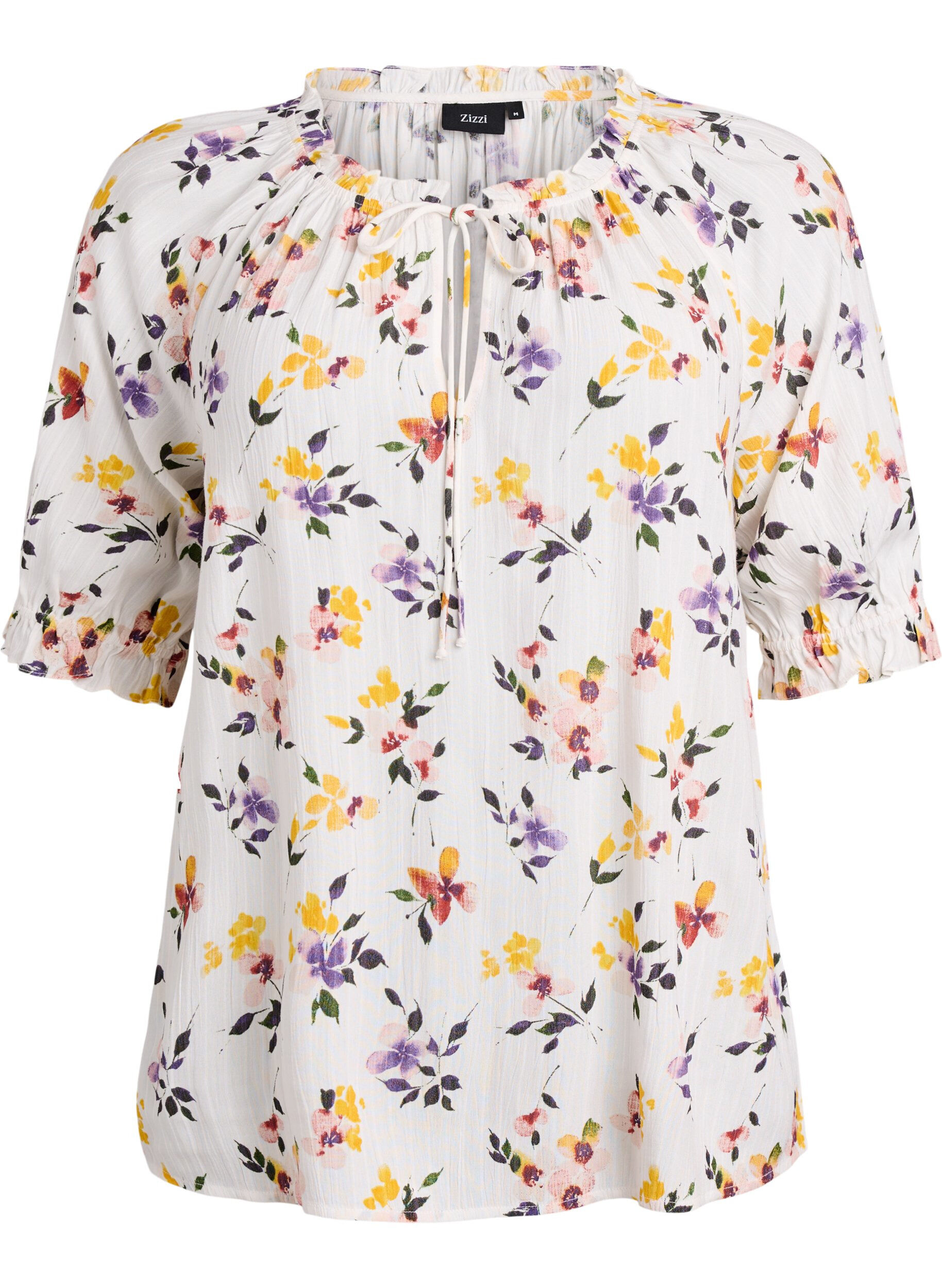 Zizzifashion Floral viscose blouse with half-length sleeves, White, Packshot image number 0