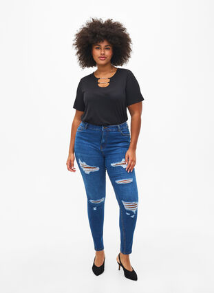 Slim fit jeans with abrasion details, Blue Denim, Model image number 0