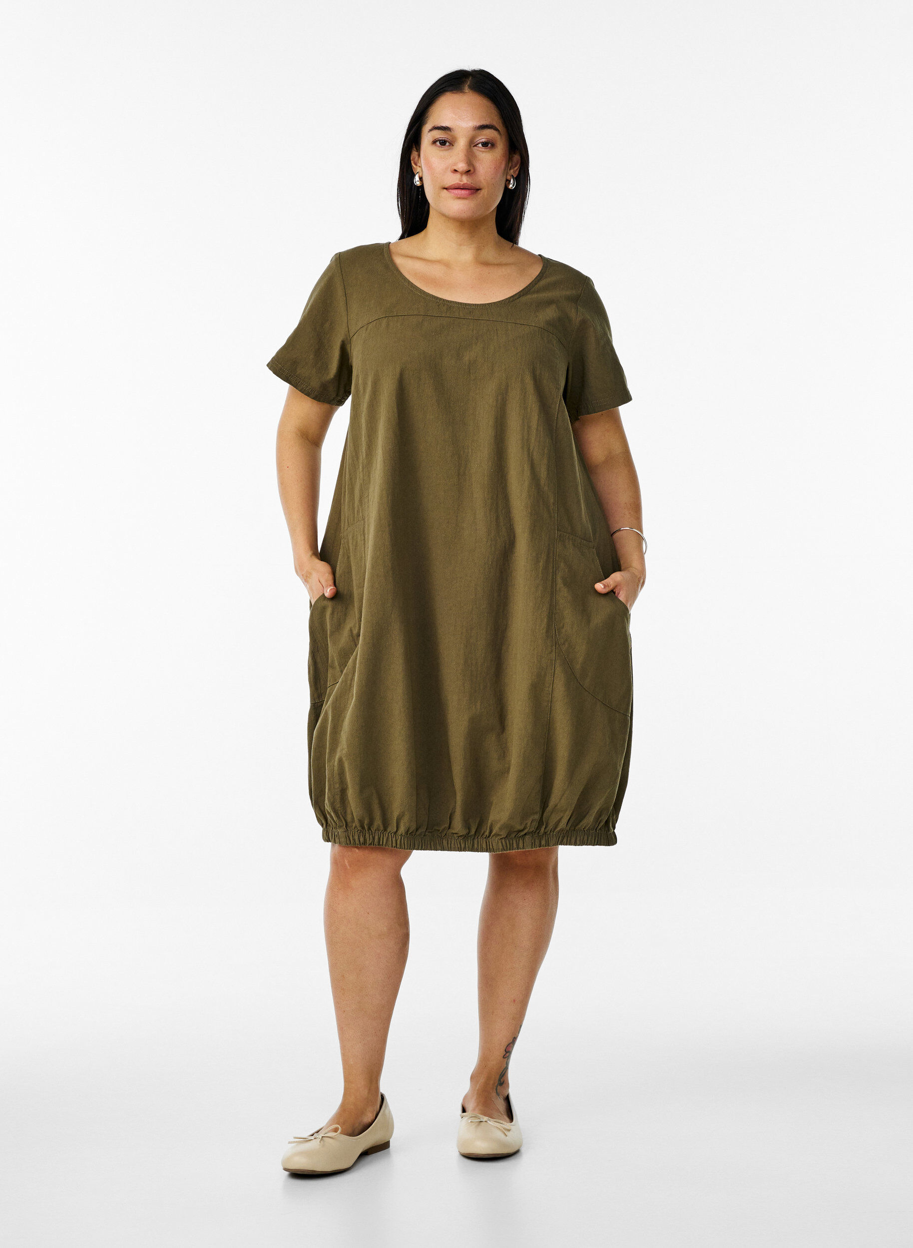 ZizzifashionShort-sleeved cotton dress, Green, Model image number 1