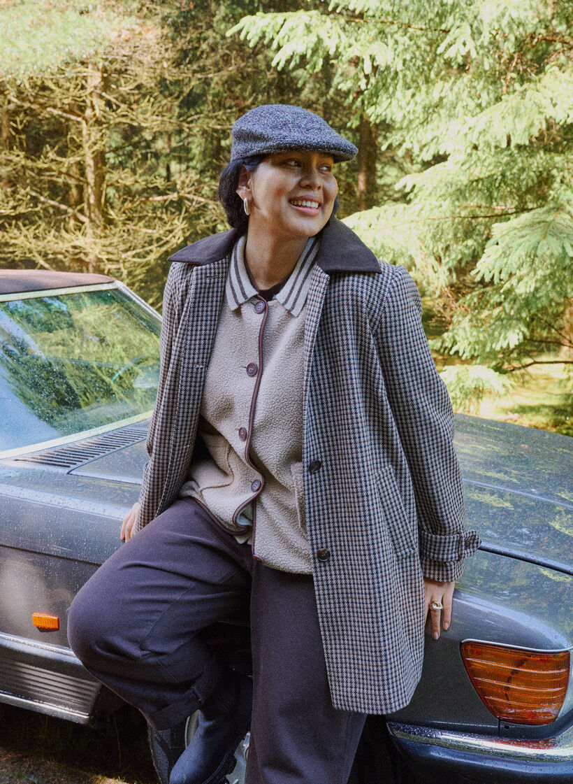 Checked coat with corduroy collar, Brown, Image