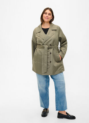Short trench coat with belt, Dusty Olive, Model image number 2