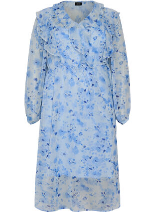 Floral chiffon dress with ruffles and long sleeves - Blue - Sz. 40-64 - Zizzifashion Floral chiffon dress with ruffles and long sleeves - Blue - Sz. 40-64 - Zizzifashion