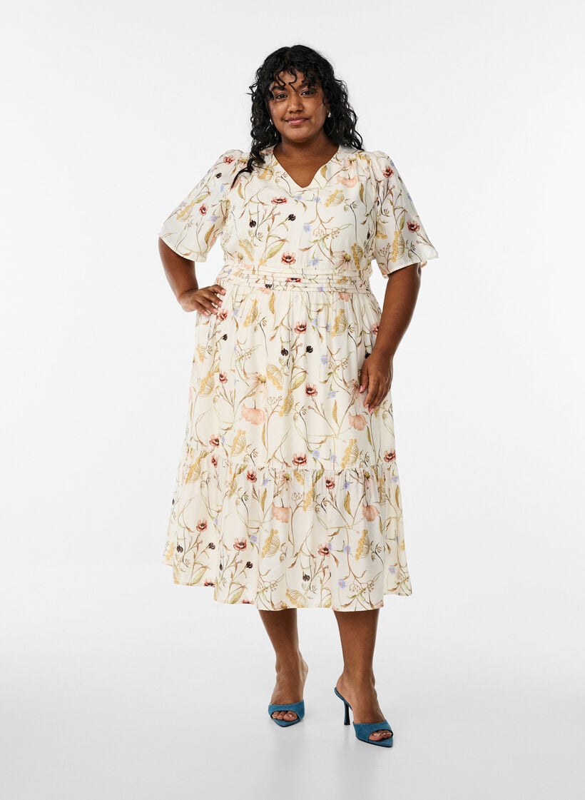 Floral midi dress with an A-line shape, Beige, Model image number 0