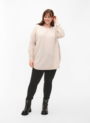 Knitted melange pullover with pearl buttons on the sides	, Pumice Stone Mel., Model image number 2