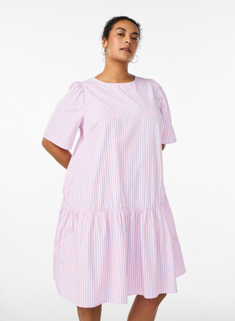 Knee-length striped dress with stones and puff sleeves, Pink, Model image number 0
