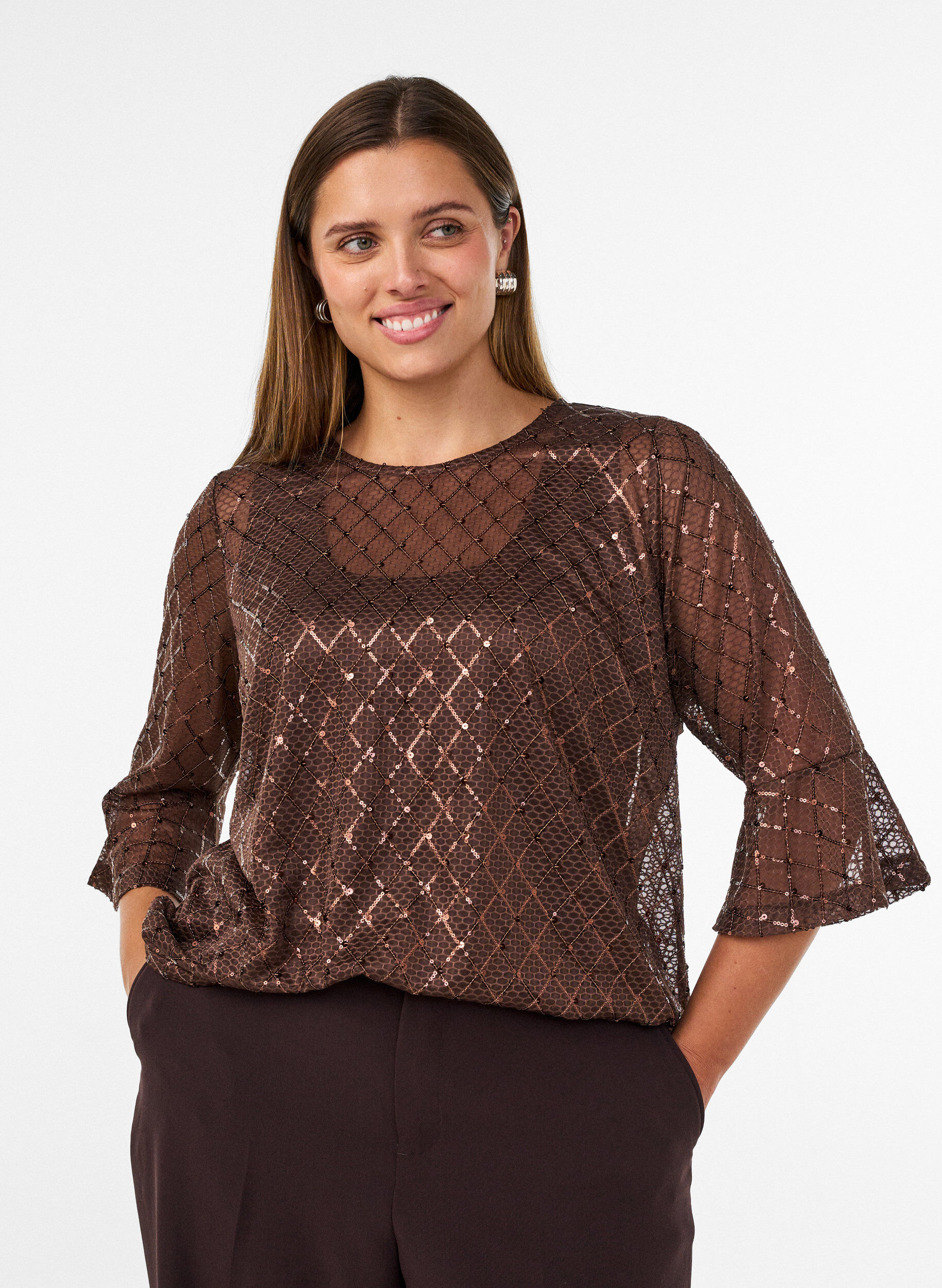 ZizzifashionSheer blouse with sequins and a diamond pattern, Brown, Model image number 0