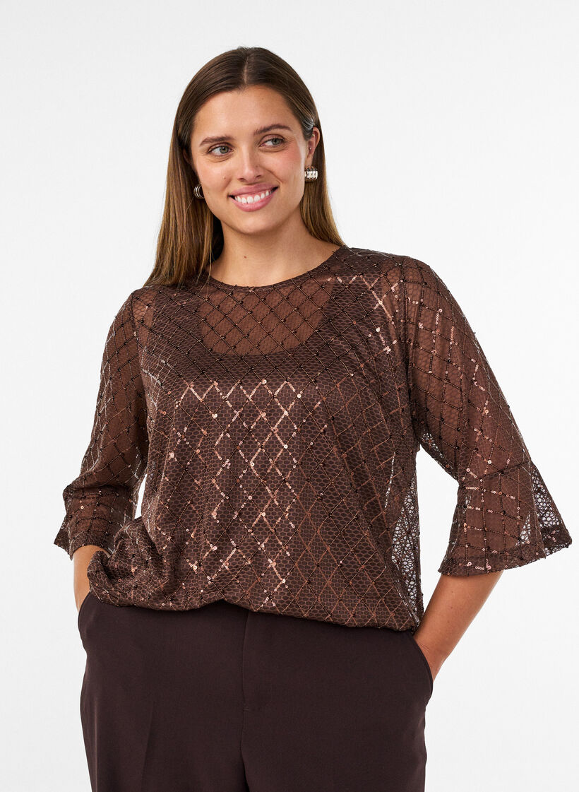 Sheer blouse with sequins and a diamond pattern, Brown, Model image number 0