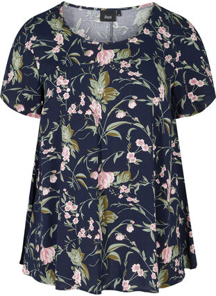 Viscose blouse with print and short sleeves, Blue Rose Flower AOP, Packshot image number 0
