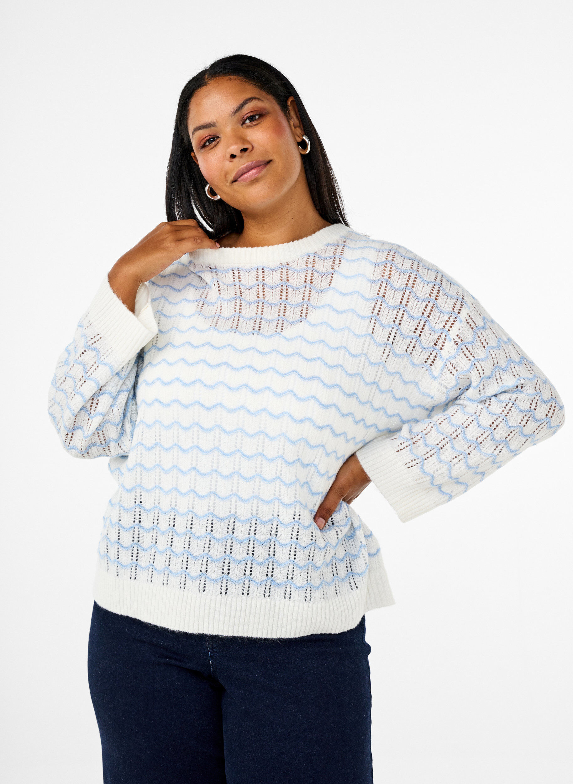 Zizzifashion Loose-fitting knitted blouse with a wavy pattern, Cloud Dancer Comb, Model image number 0