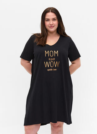 Short-sleeved cotton night dress, Black w. Copper MOM, Model image number 0