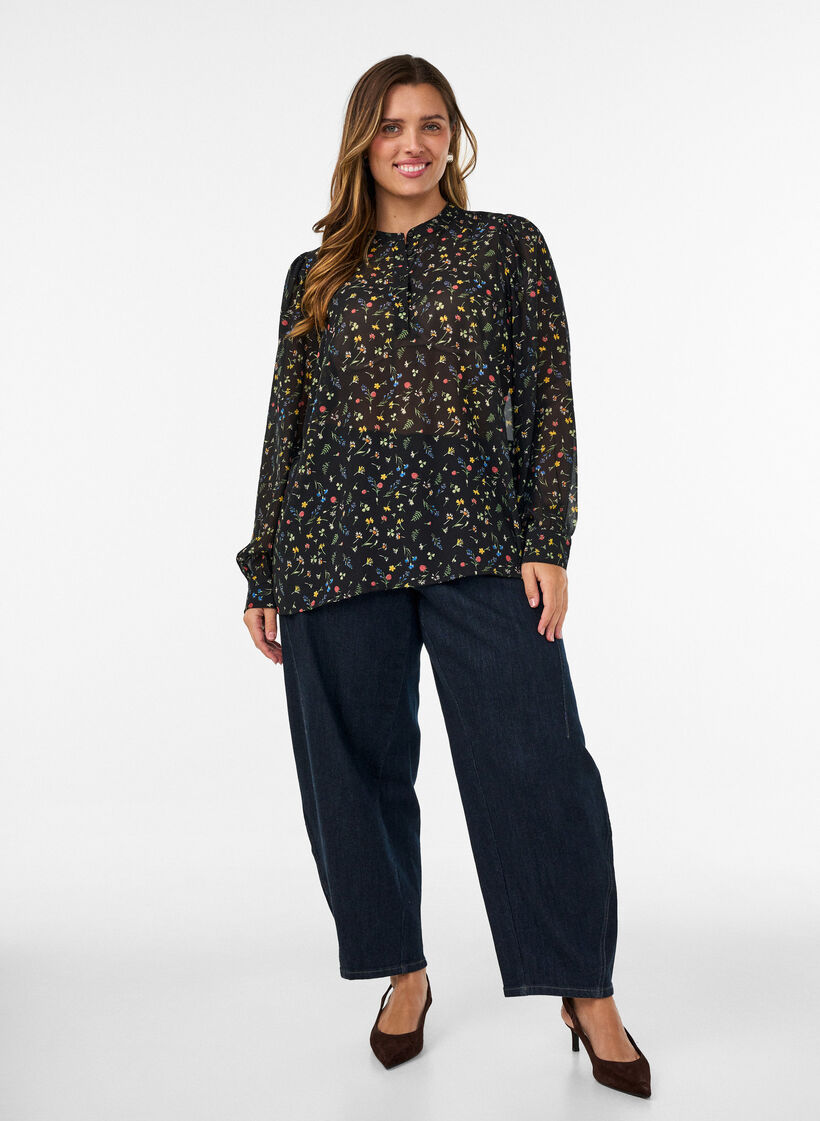 Blouse with all-over print and short button placket, Black, Model image number 1