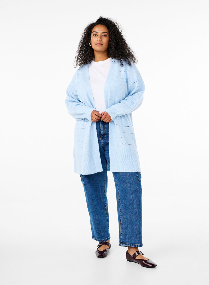 Long knitted cardigan with a lace pattern, Cashmere Blue Mel., Model image number 2