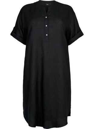 Short-sleeved dress in 100% linen, Black, Packshot image number 0