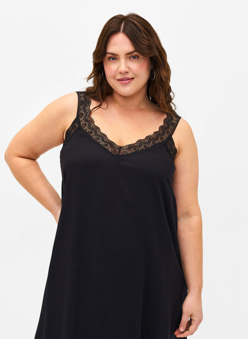 Midi-length strap dress in viscose with lace, Black, Model image number 2