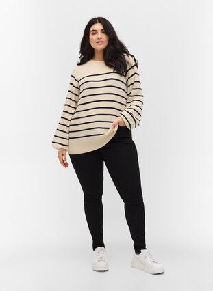 Striped knitted blouse with balloon sleeves, Birch W/Navy stripes, Model image number 2