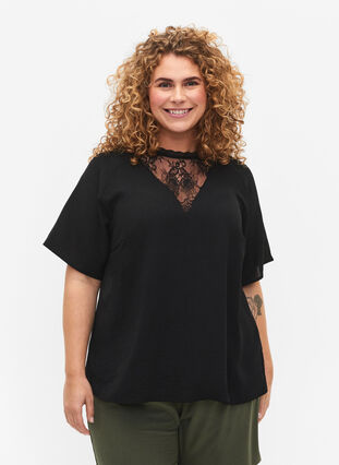 Short-sleeved blouse with lace, Black, Model image number 0