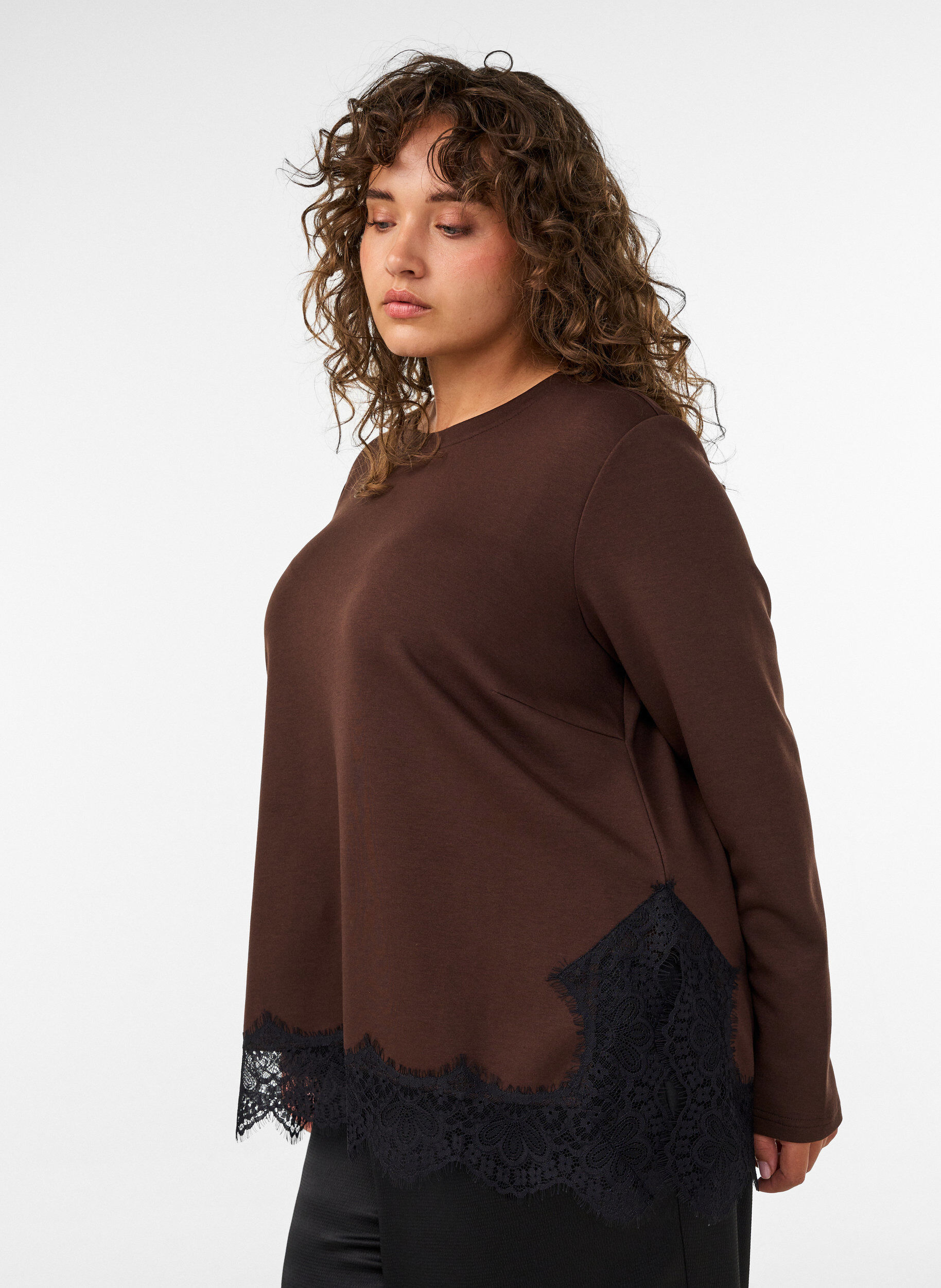 ZizzifashionJersey blouse with lace trim, Brown, Model image number 3