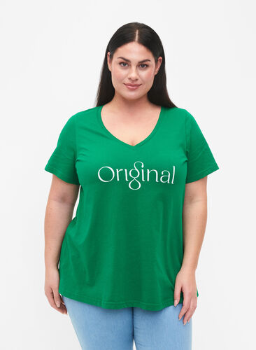 Cotton t-shirt with text print and v-neck, Jolly Green ORI, Model image number 0