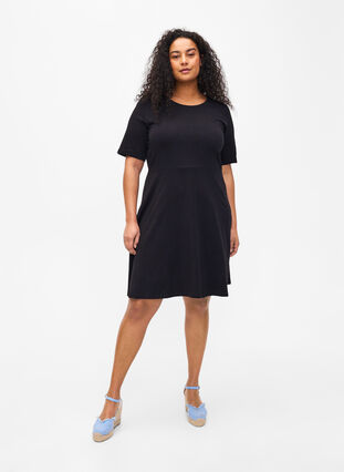 Solid-color cotton dress with short sleeves, Black Solid, Model image number 2