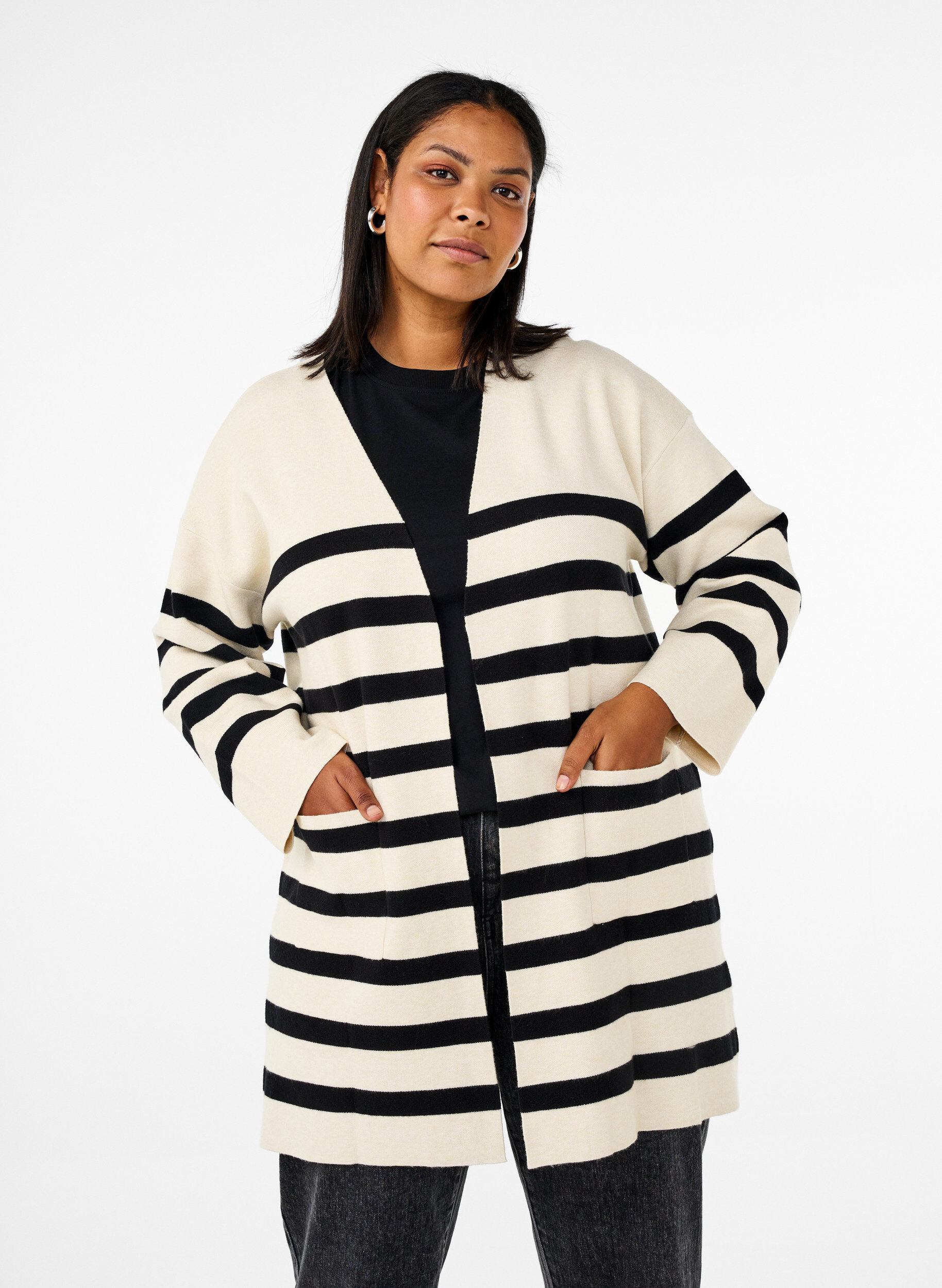 Zizzifashion Long striped knitted cardigan, Birch w/Black, Model image number 0