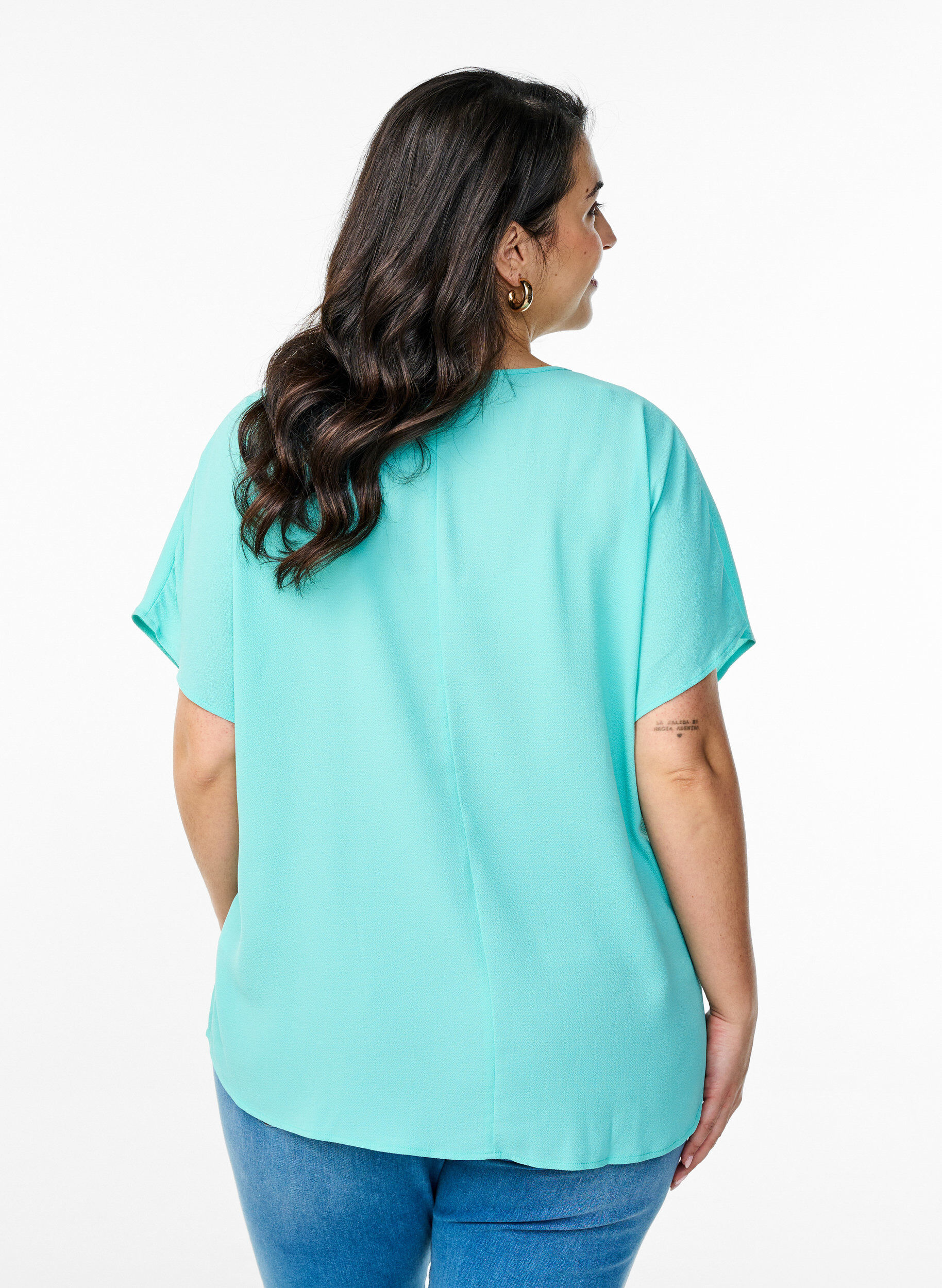 Zizzifashion Blouse with short sleeves and a round neckline, Light Blue, Model image number 2