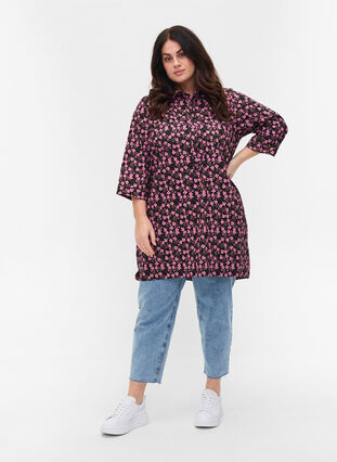 Printed tunic with 3/4-length sleeves, Flower AOP, Model image number 2