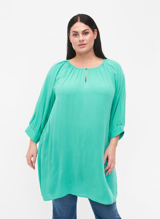 Viscose tunic with 3/4 sleeves, Turquoise, Model image number 0