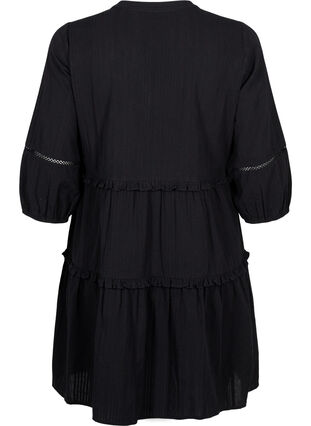 3/4 sleeve cotton dress with ruffles, Black, Packshot image number 1