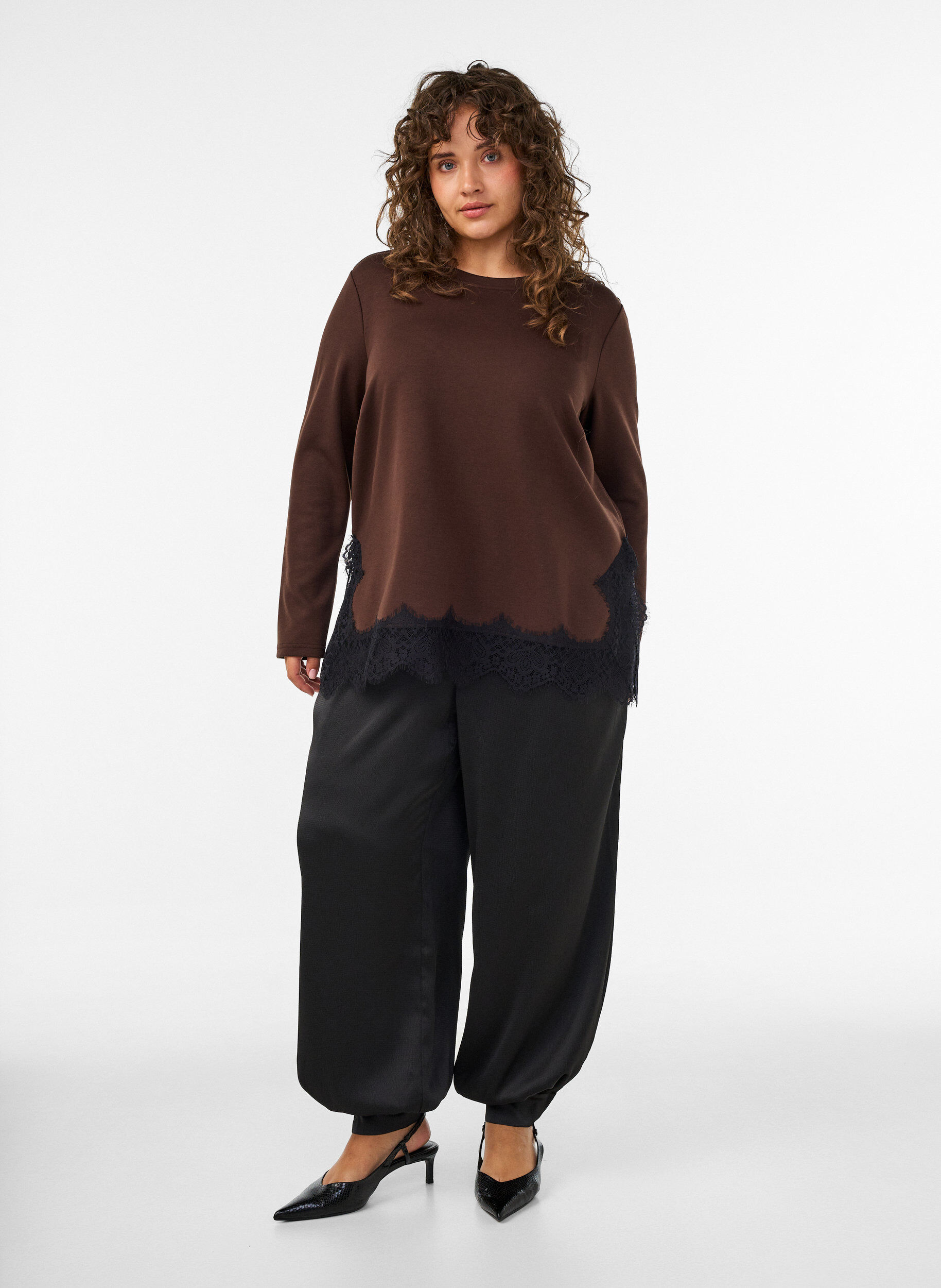 ZizzifashionJersey blouse with lace trim, Brown, Model image number 1