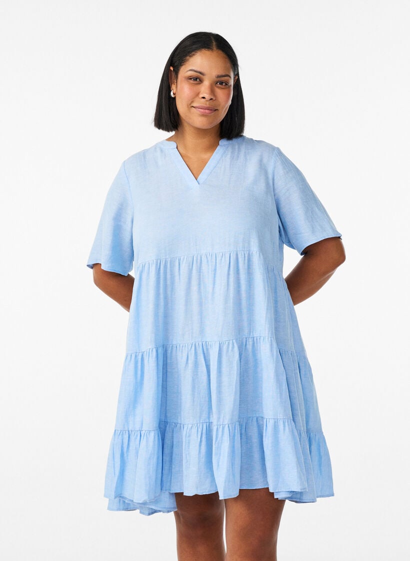 Knee-length A-line dress in linen and viscose, Light Blue, Model image number 0
