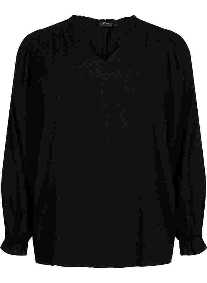 Long-sleeved blouse with smock and ruffle details, Black, Packshot image number 0