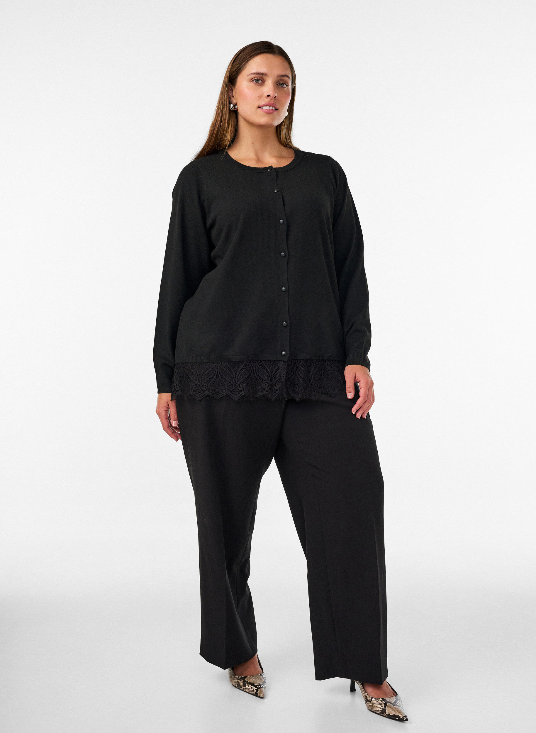 ZizzifashionCardigan with a wide lace hem, Black, Model image number 1