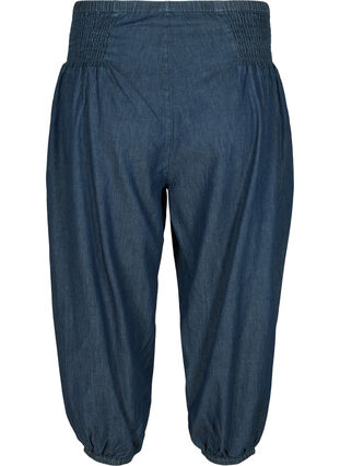 Loose cotton 3/4-length trousers with smock effect, Medium Blue Denim, Packshot image number 1