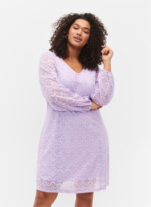 Lace dress with v neck and long sleeves, Pastel Lilac, Model image number 0