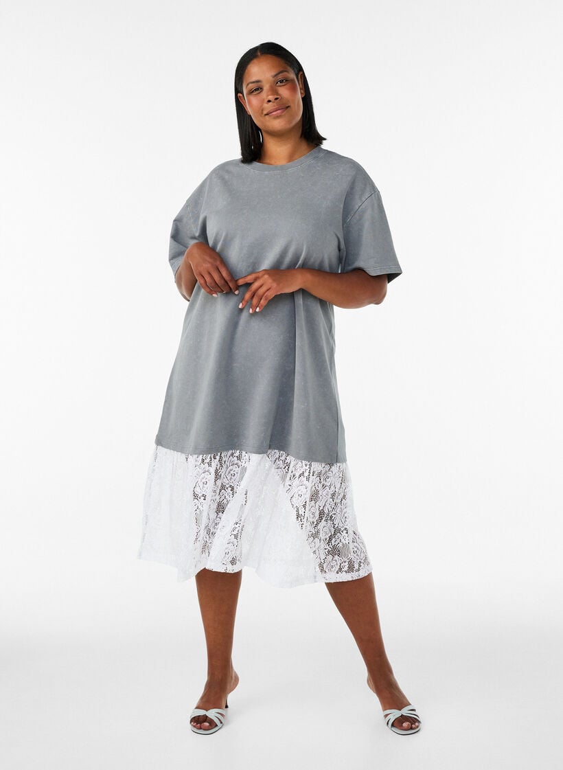 Loose T-shirt dress with lace trim, Grey, Model image number 0