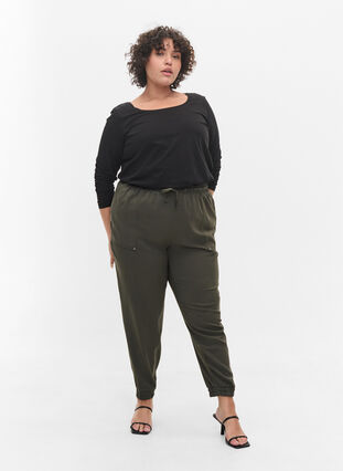Trousers with pockets and elasticated trim, Dark Olive, Model image number 0